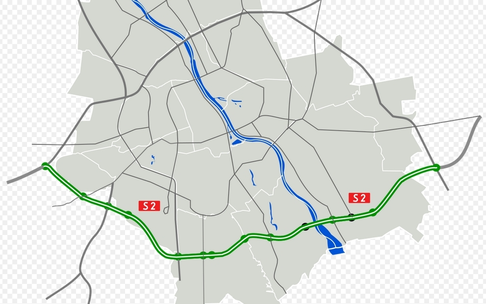 S2 w Warszawie | fot. Autorstwa WarszawaDocelowyUkladDrog.svg: *Warszawa_outline_with_districts_v2.svg: Marcin Floryanderivative work: rzyjontko (talk) - WarszawaDocelowyUkladDrog.svgS2 maps from SISKOM, CC BY 3.0, https://commons.wikimedia.org/w/index.php?curid=756478